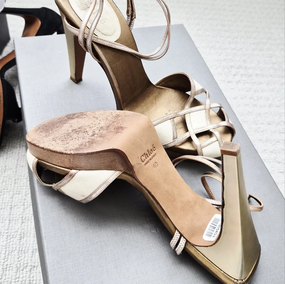 Chloe Metallic Strappy Heels - Cream and Tan - Picture 6 of 7